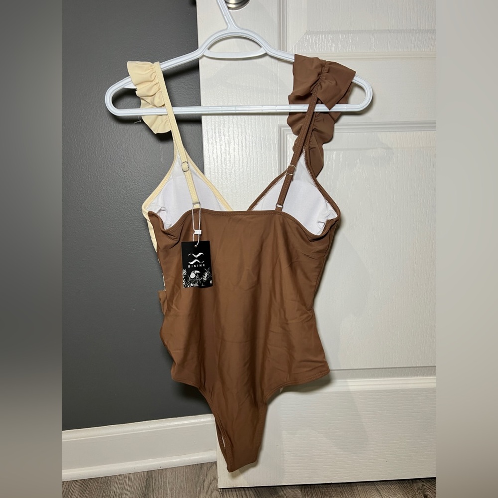 BIKINX One Piece Swimsuit - brown and cream with ruffles. Size Small. NWT - Picture 7 of 9